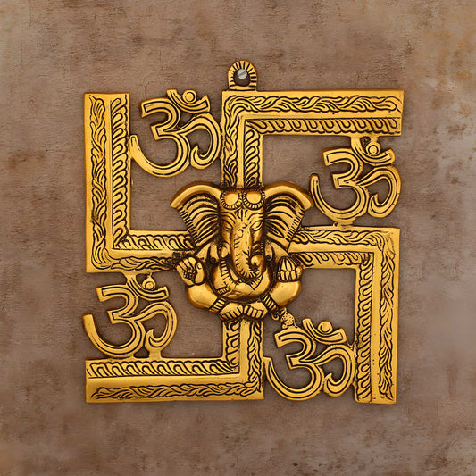 Lord Ganesha on Om Swastik Metal Golden Wall Hanging